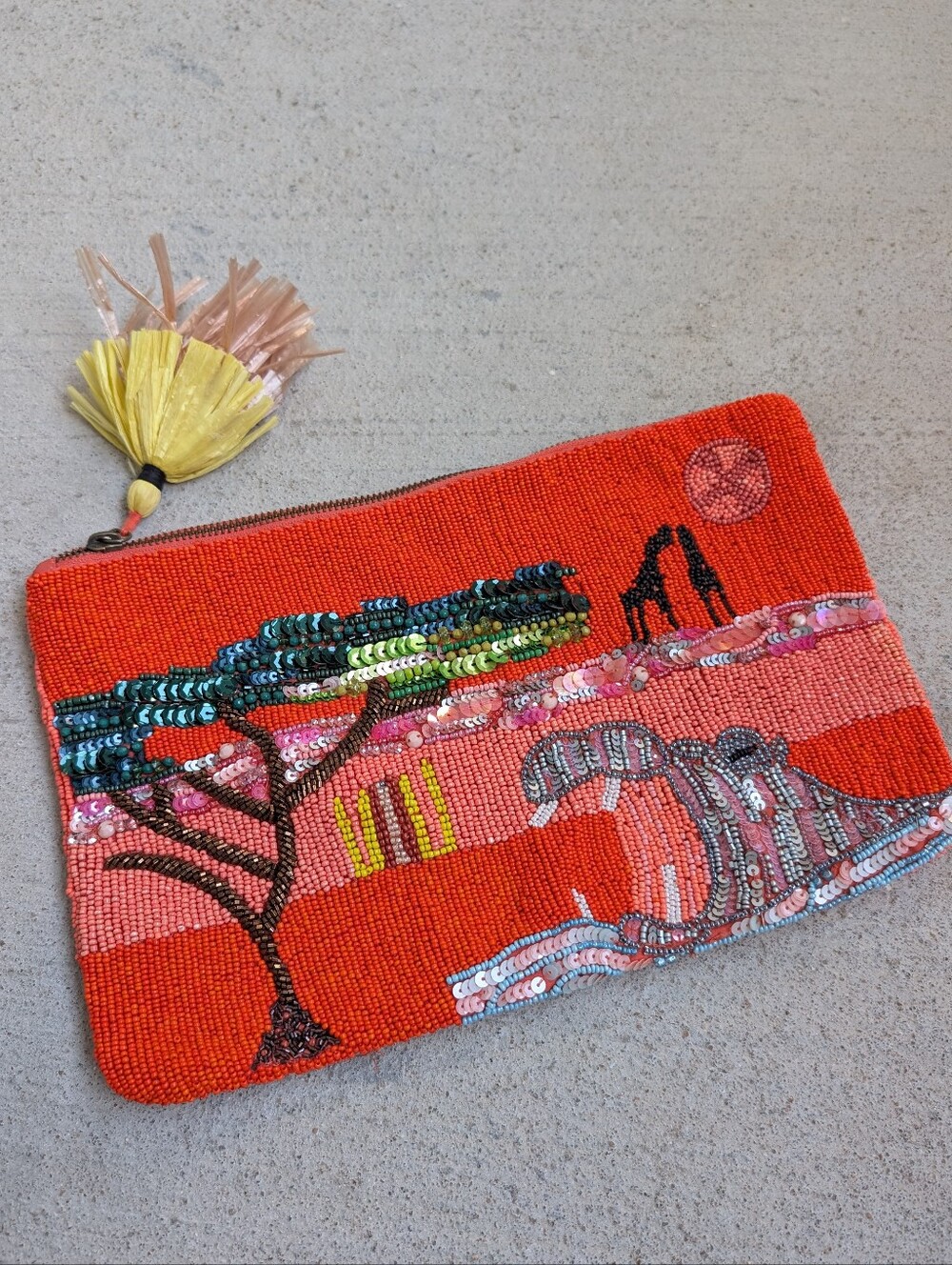 Zara Beaded Coral Clutch Bag with Tassel